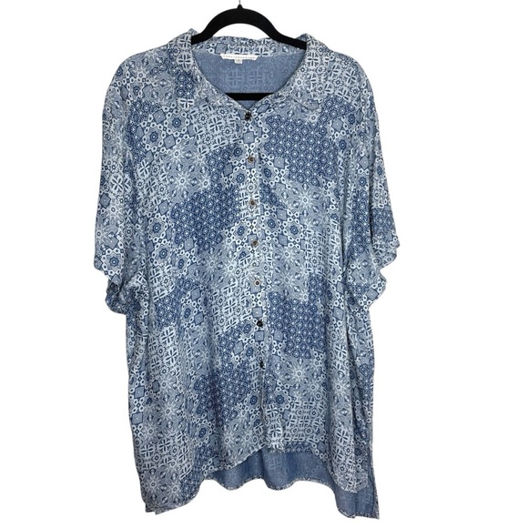 Jane and Delancey Chambray Button Up Top Short Sleeves Size 3X Lyocell Geometric - Picture 1 of 7